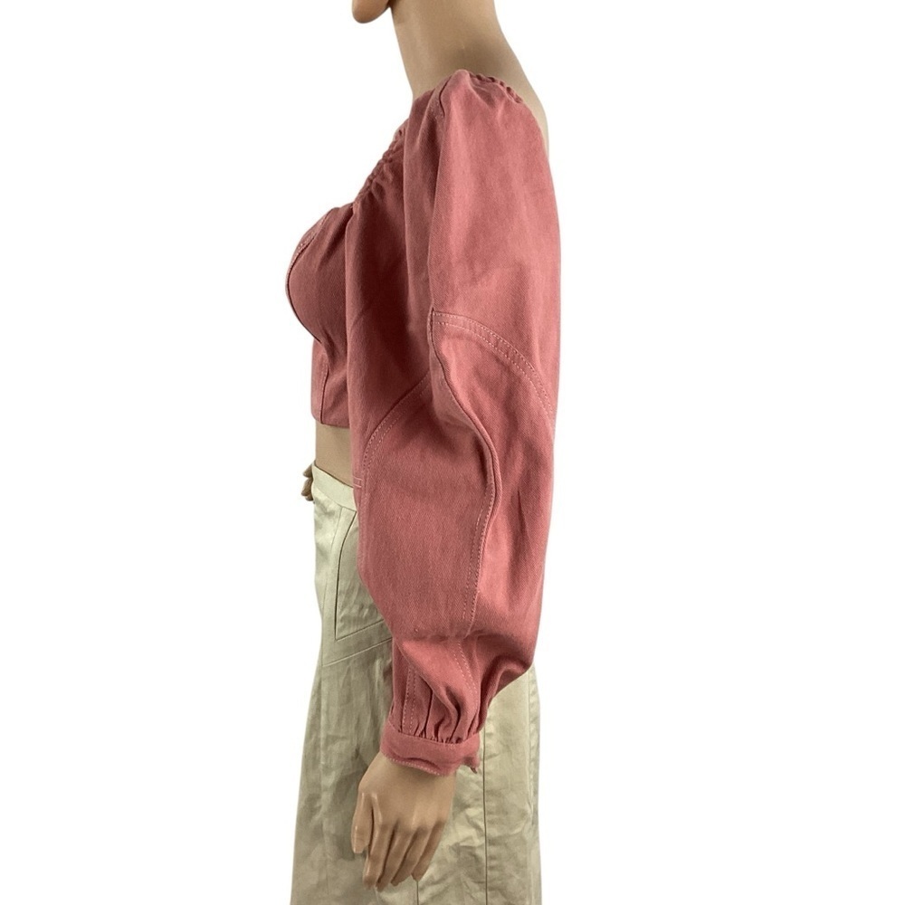 Free People Marley Denim Top Rose Smoke Pink Puff Sleeve Size 4 - Picture 4 of 7